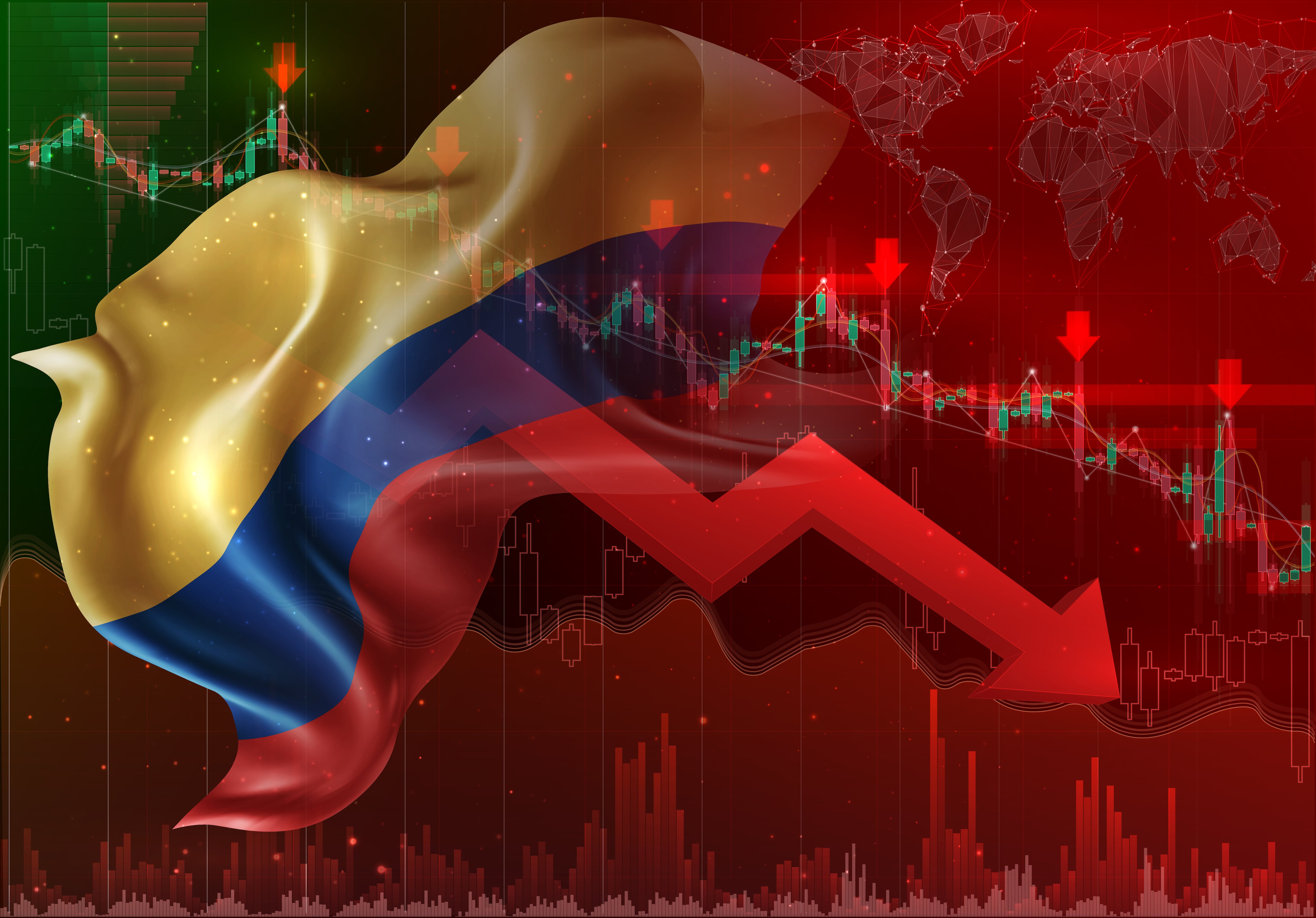 Colombia, vector 3d flag financial exchange trend down