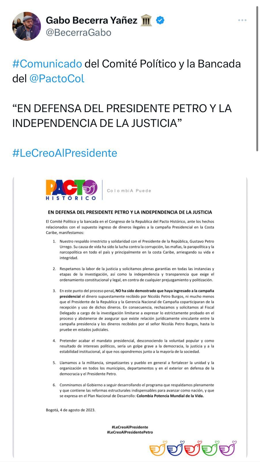 Trino del representante Gabriel Becerra, que generó la polémica en el Pacto Histórico. Aunque después lo borró, duró varios minutos en redes sociales.