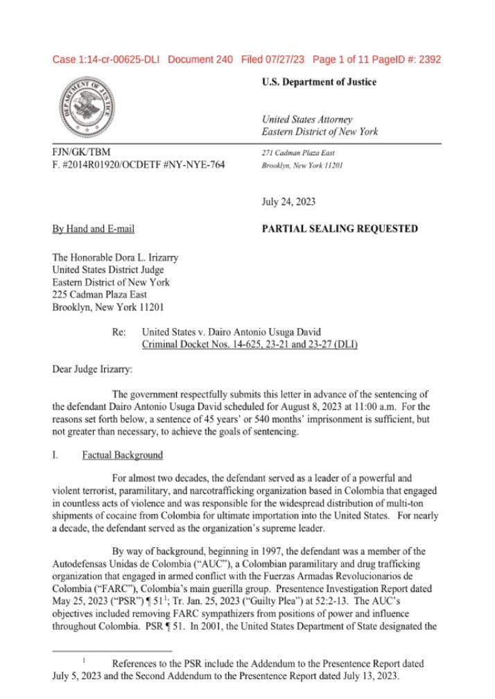 Departamento de Justicia pide condena de 45 años de cárcel contra alias Otoniel
