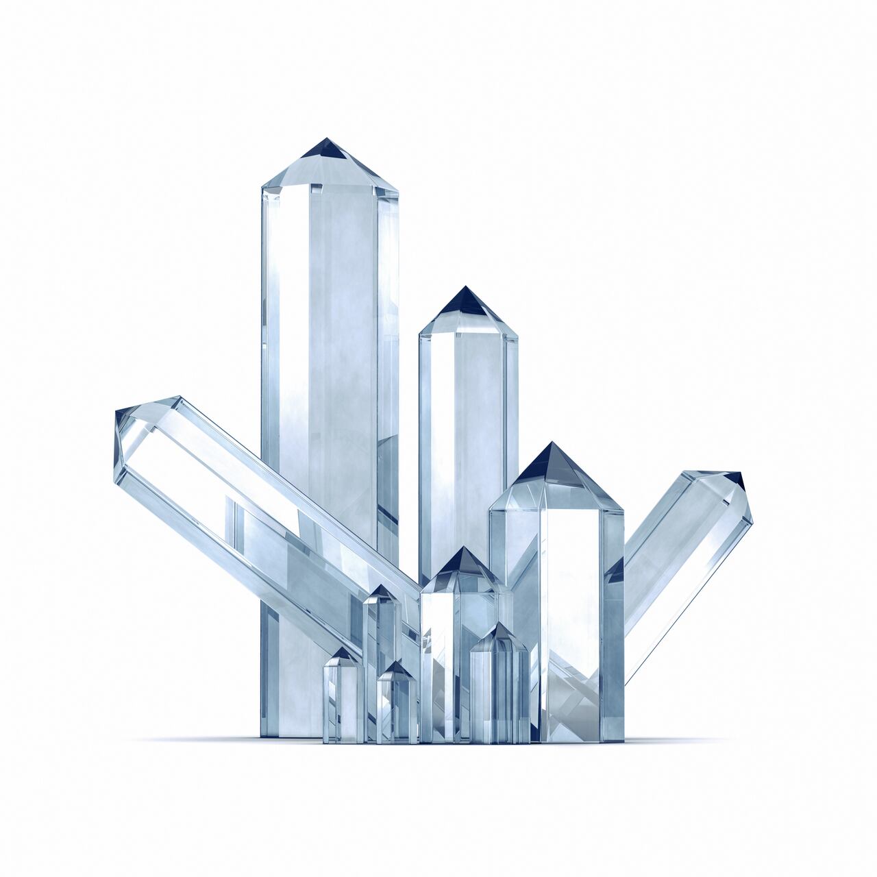 A cluster of clear quartz crystals against white background, 3d artwork