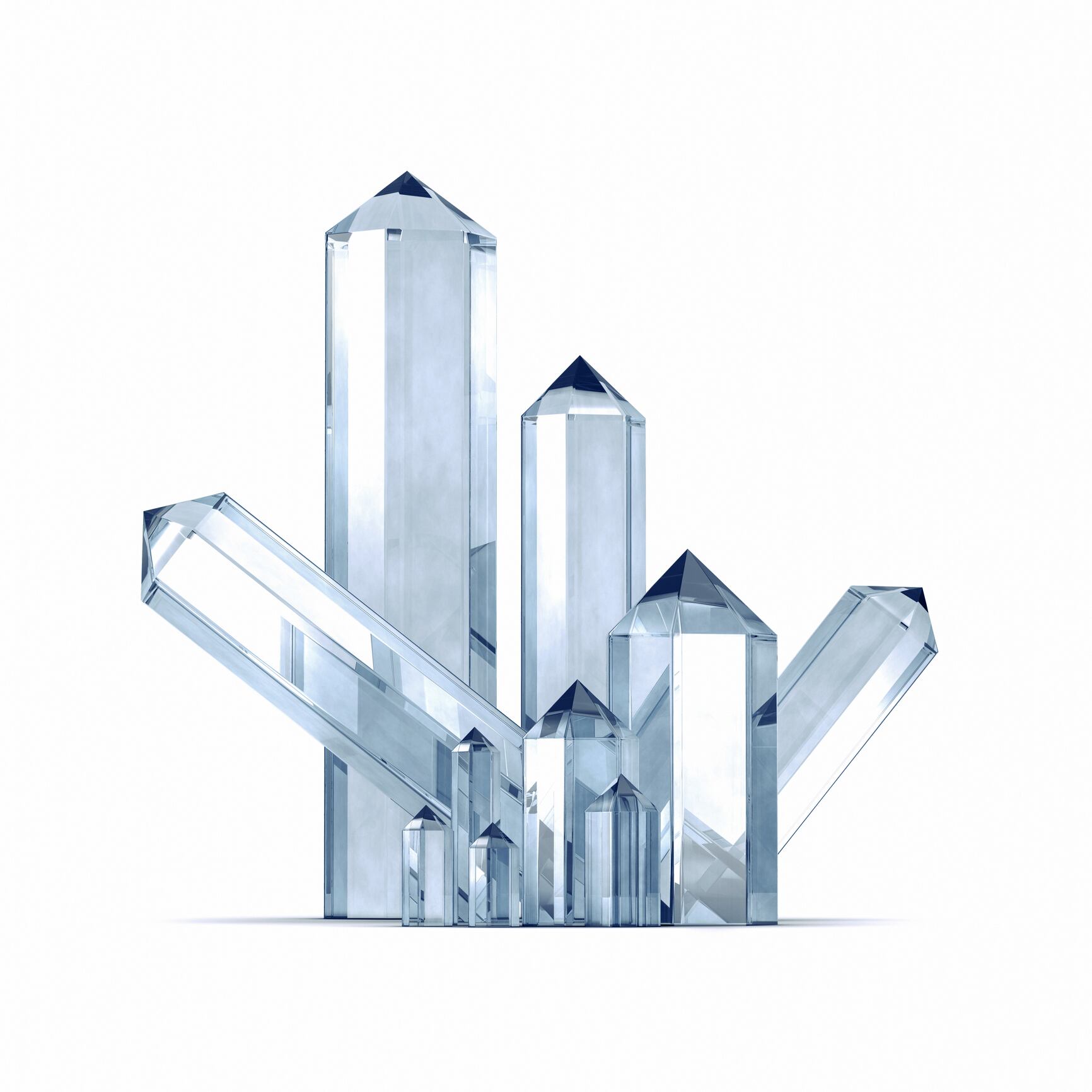 A cluster of clear quartz crystals against white background, 3d artwork