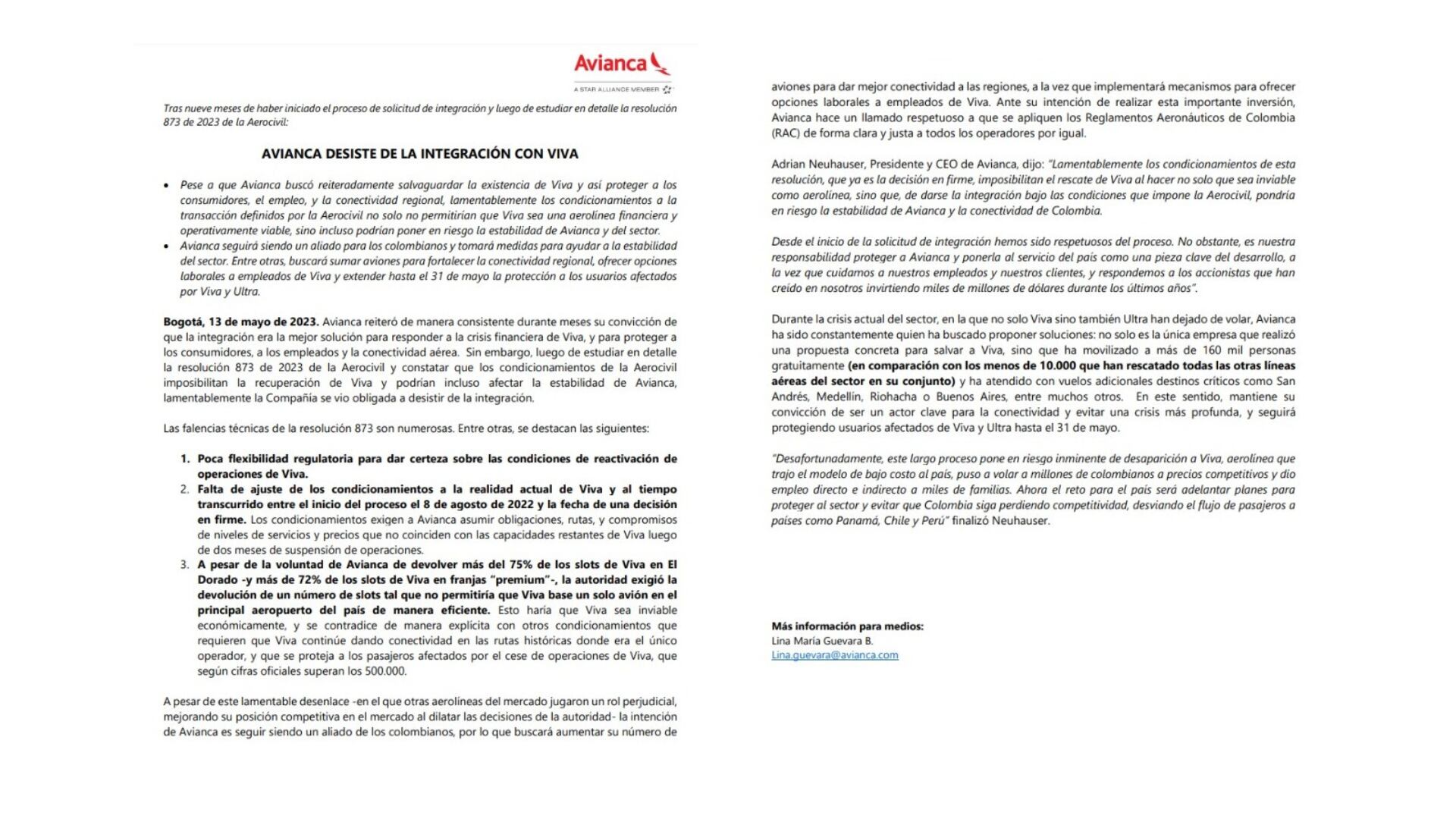 Comunicado de Avianca