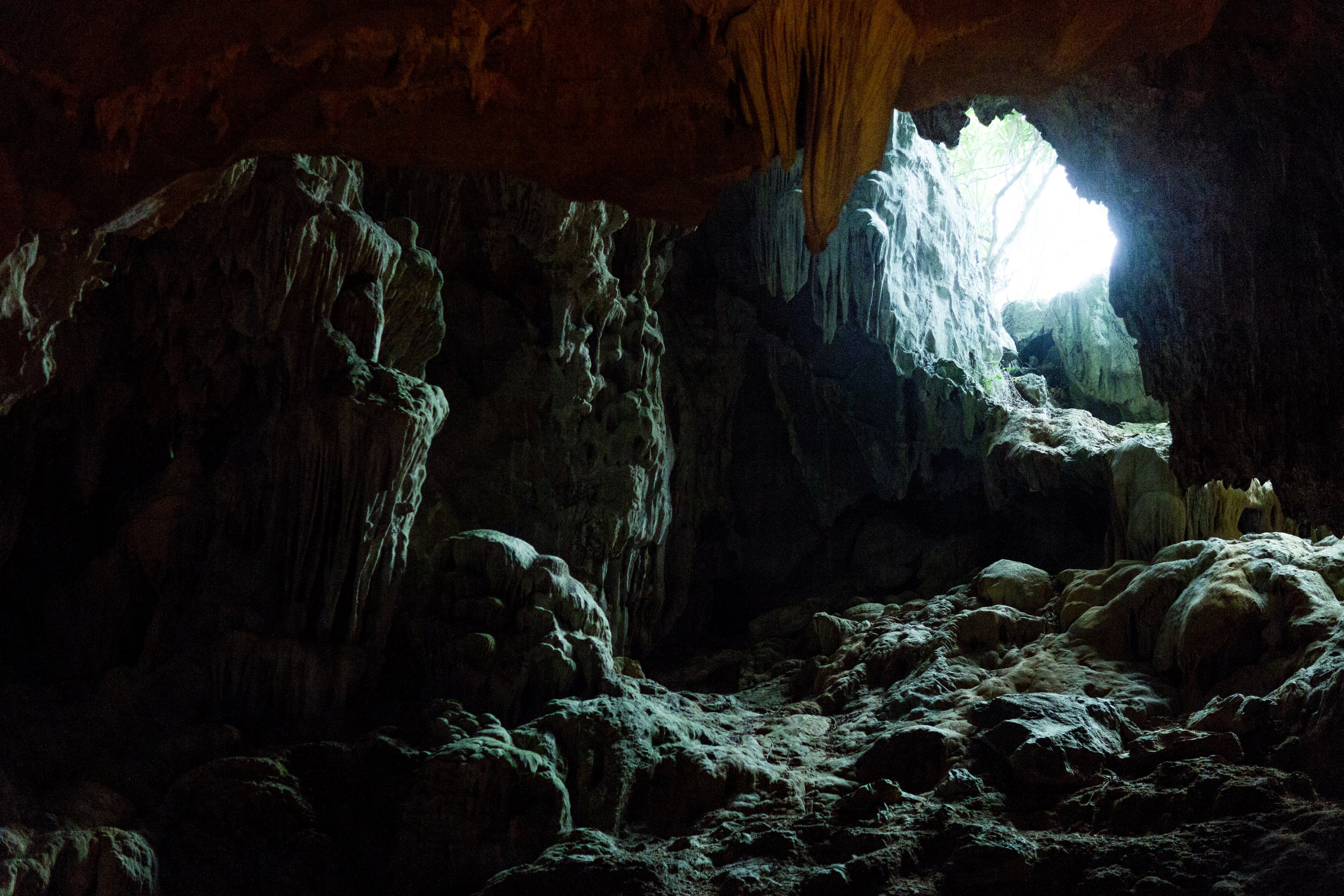 Dau Go cave with spectacular stalagmites and stalactites of various shapes. Daylight entering a hole in the top.
