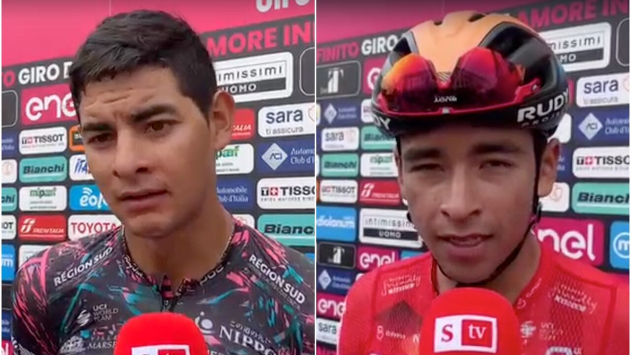 Diego Camargo del Education First y Santiago Buitrago del Bahrain Victorios hablan en zona mixta para SEMANA - Foto: SEMANA