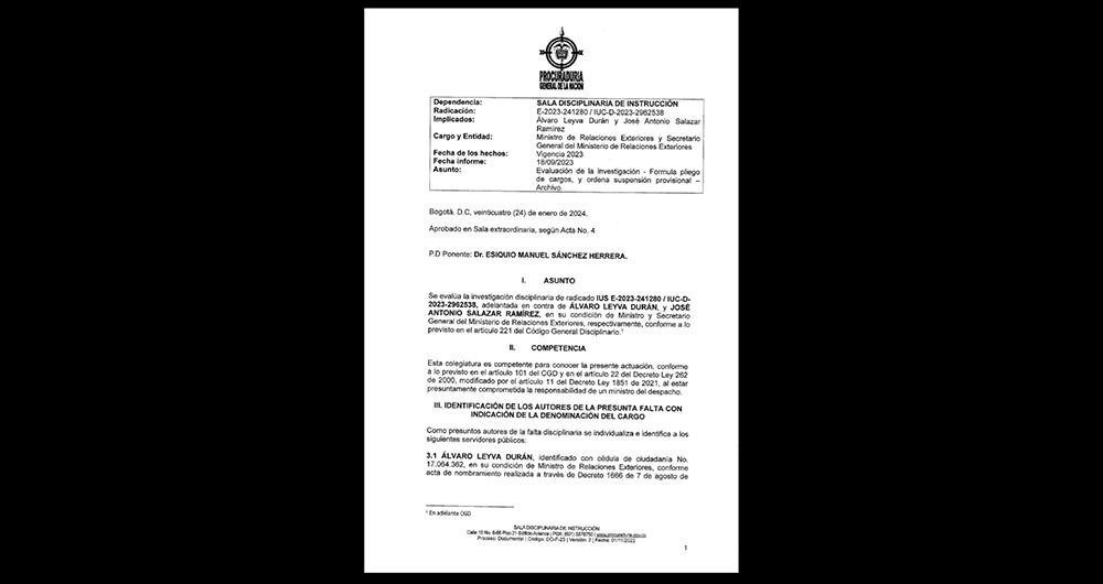 Suspensión de la Procuraduría contra Álvaro Leyva.
