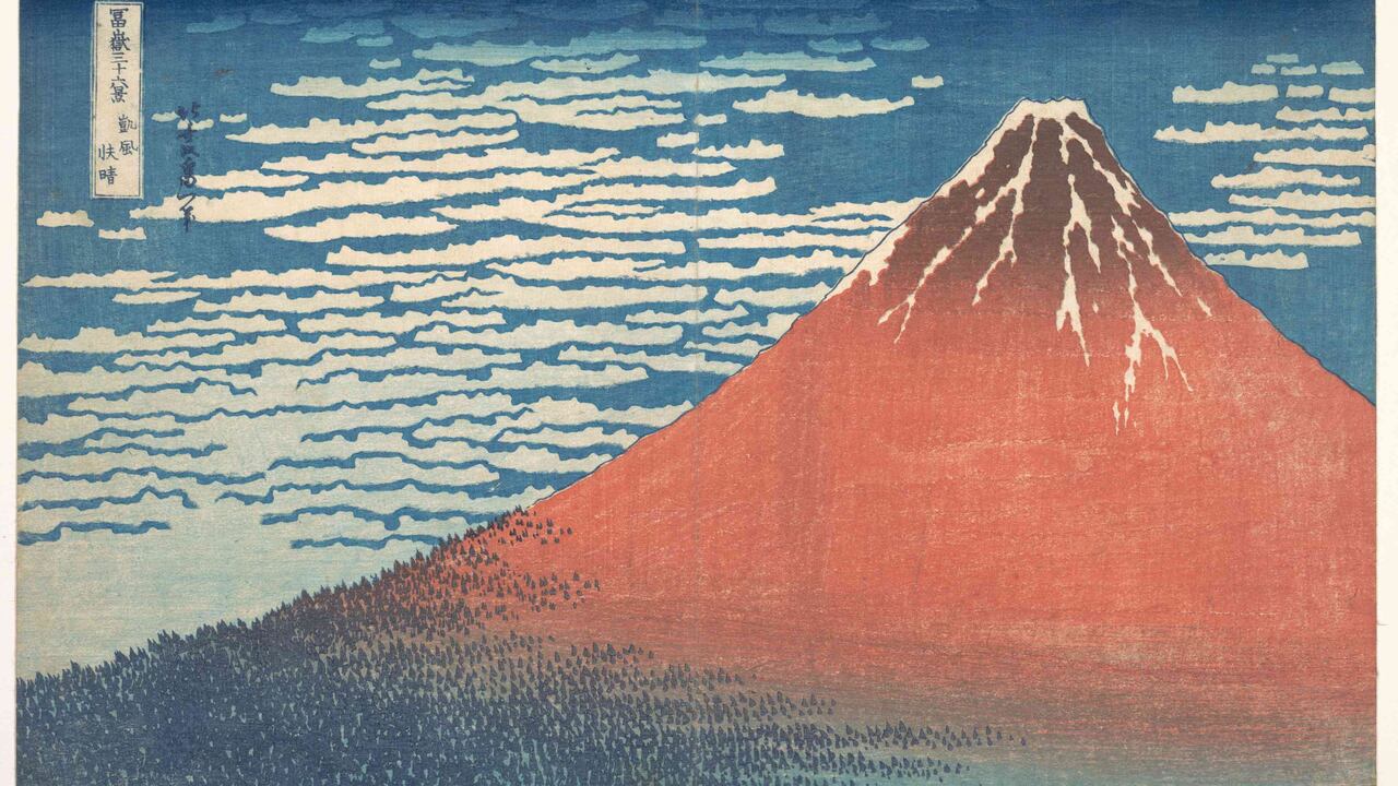 Viento del sur, cielo claro, también conocido como Fuji rojo, de la serie 36 vistas del monte Fuji, ca. 1830–32.