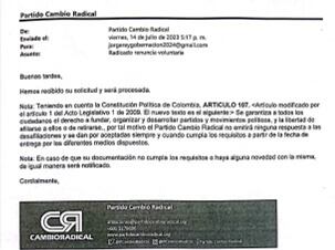 Correo de Cambio Radical notificando a Rey el recibido de su carta de renuncia.