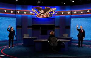 Democratic vice presidential candidate Sen. Kamala Harris, D-Calif., and Vice President Mike Pence wave before the vice presidential debate Wednesday, Oct. 7, 2020, at Kingsbury Hall on the campus of the University of Utah in Salt Lake City. (AP Photo/Patrick Semansky)