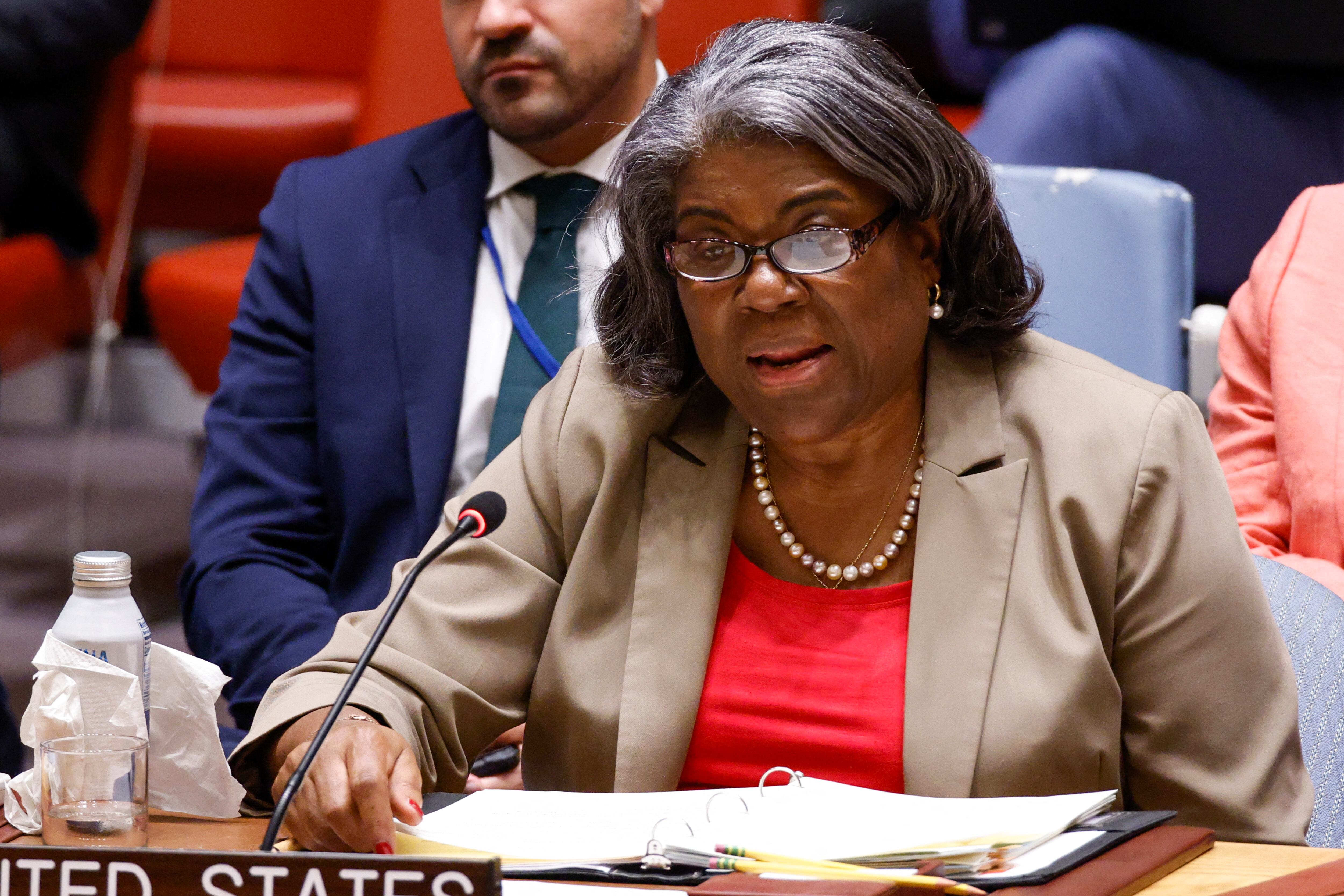 La embajadora de Estados Unidos ante las Naciones Unidas, Linda Thomas-Greenfield, habla con el presidente colombiano, Gustavo Petro, durante una sesión del Consejo de Seguridad de la ONU sobre el progreso del proceso de paz colombiano en la sede de la ONU en Nueva York el 11 de julio de 2024.