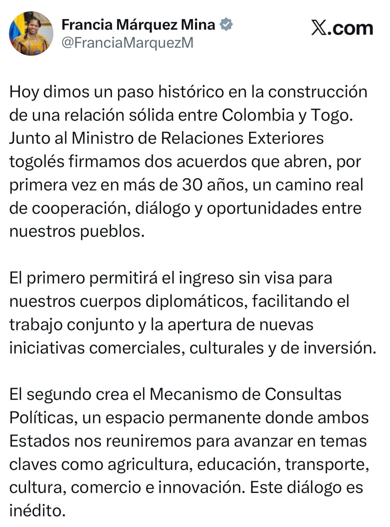 Mensaje en X de la vicepresidenta Francia Márquez