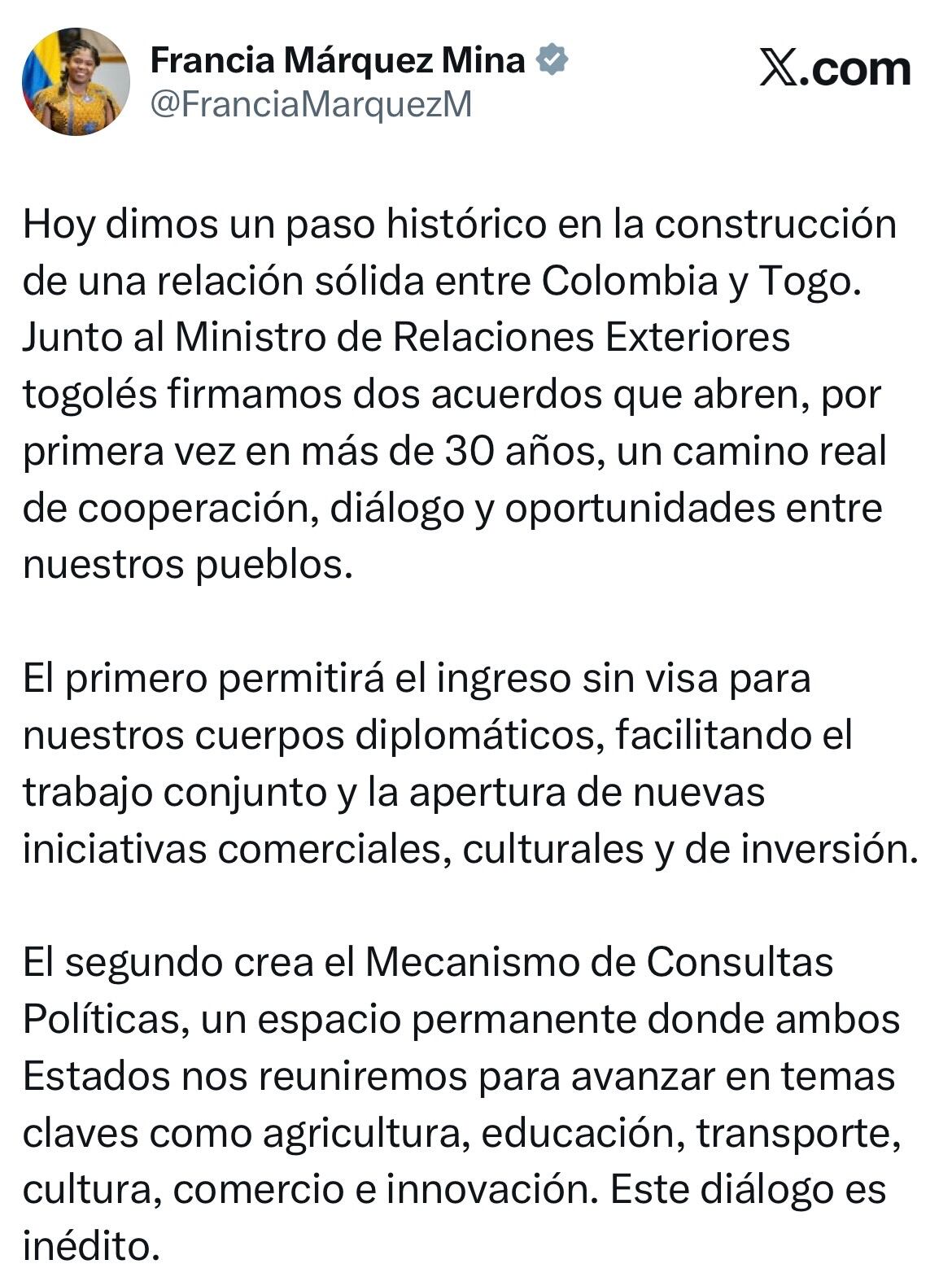 Mensaje en X de la vicepresidenta Francia Márquez