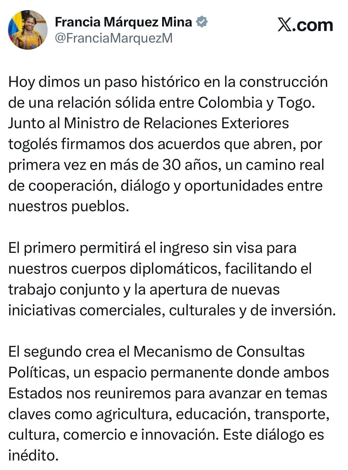 Mensaje en X de la vicepresidenta Francia Márquez
