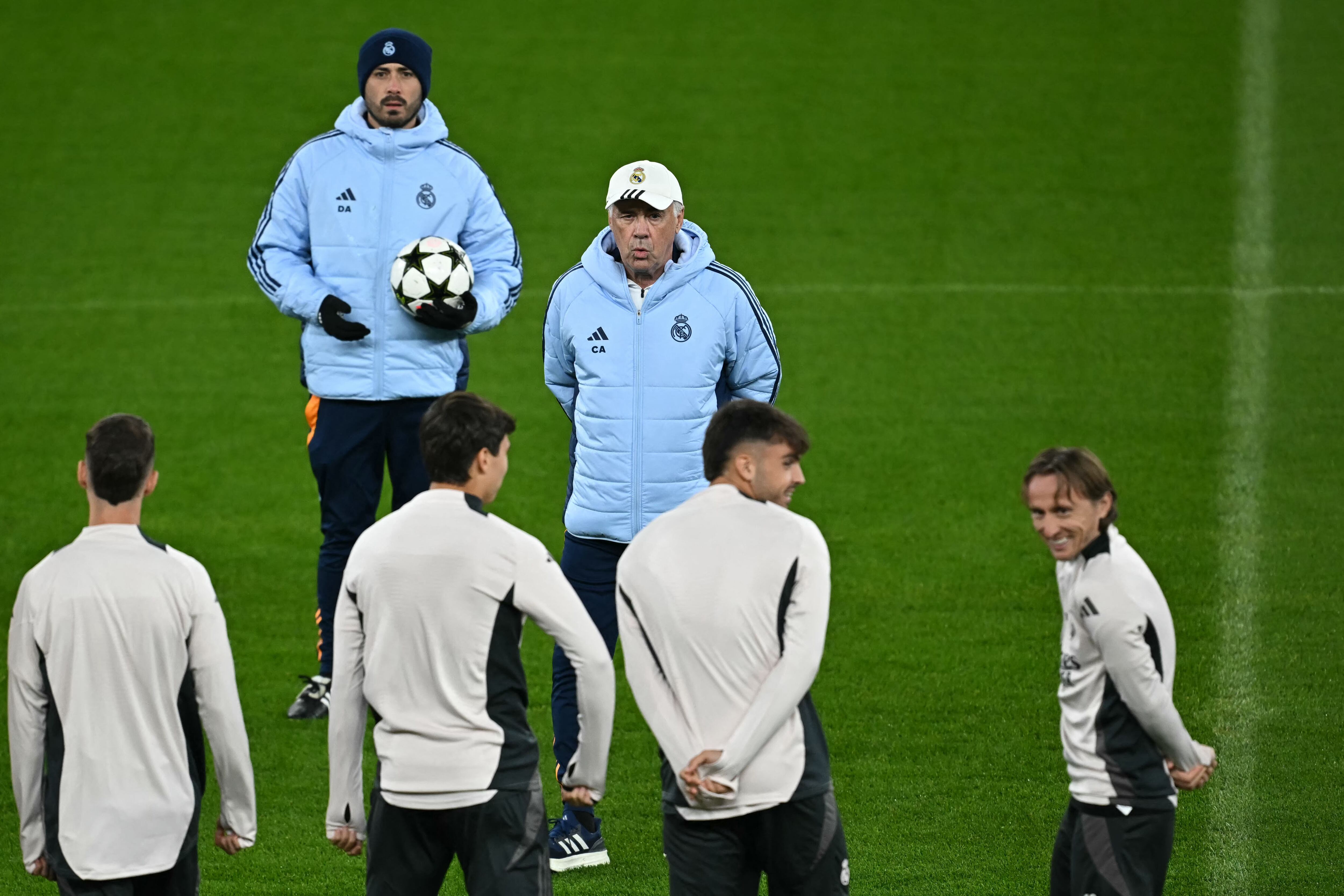 Real Madrid's Italian coach Carlo Ancelotti leads a training session, at Anfield Stadium in Liverpool, north west England, on November 26, 2024, on the eve of their UEFA Champions League football match against Liverpool. (Photo by Paul ELLIS / AFP)