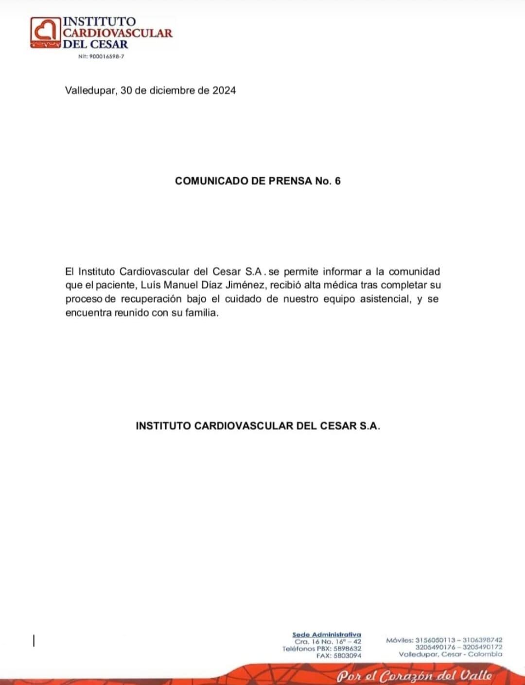 Comunicado oficial del ICVC sobre el alta de Mane Díaz.