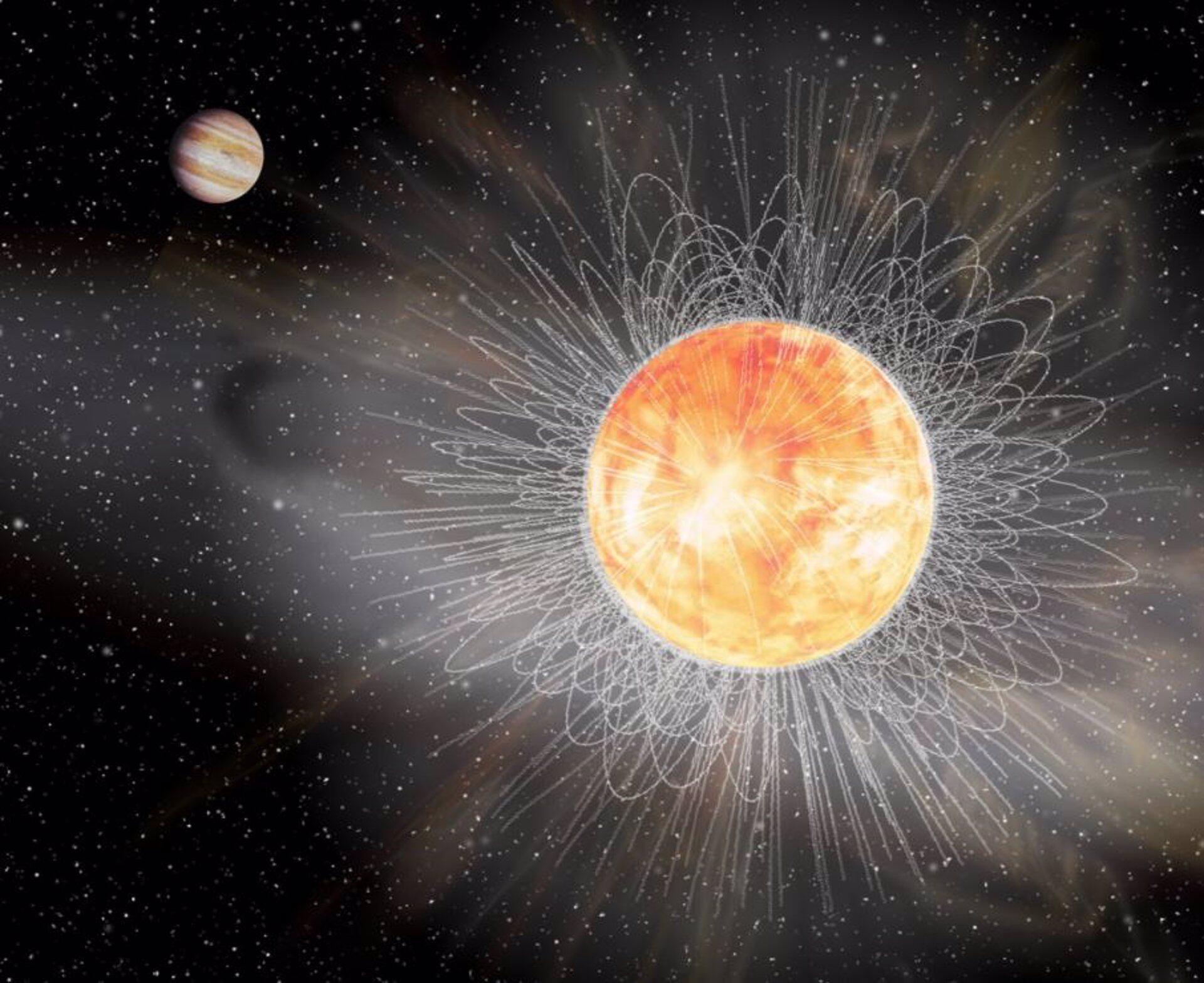 Imagen compuesta que ilustra el sistema 51 Pegasi y su campo magnético medido.