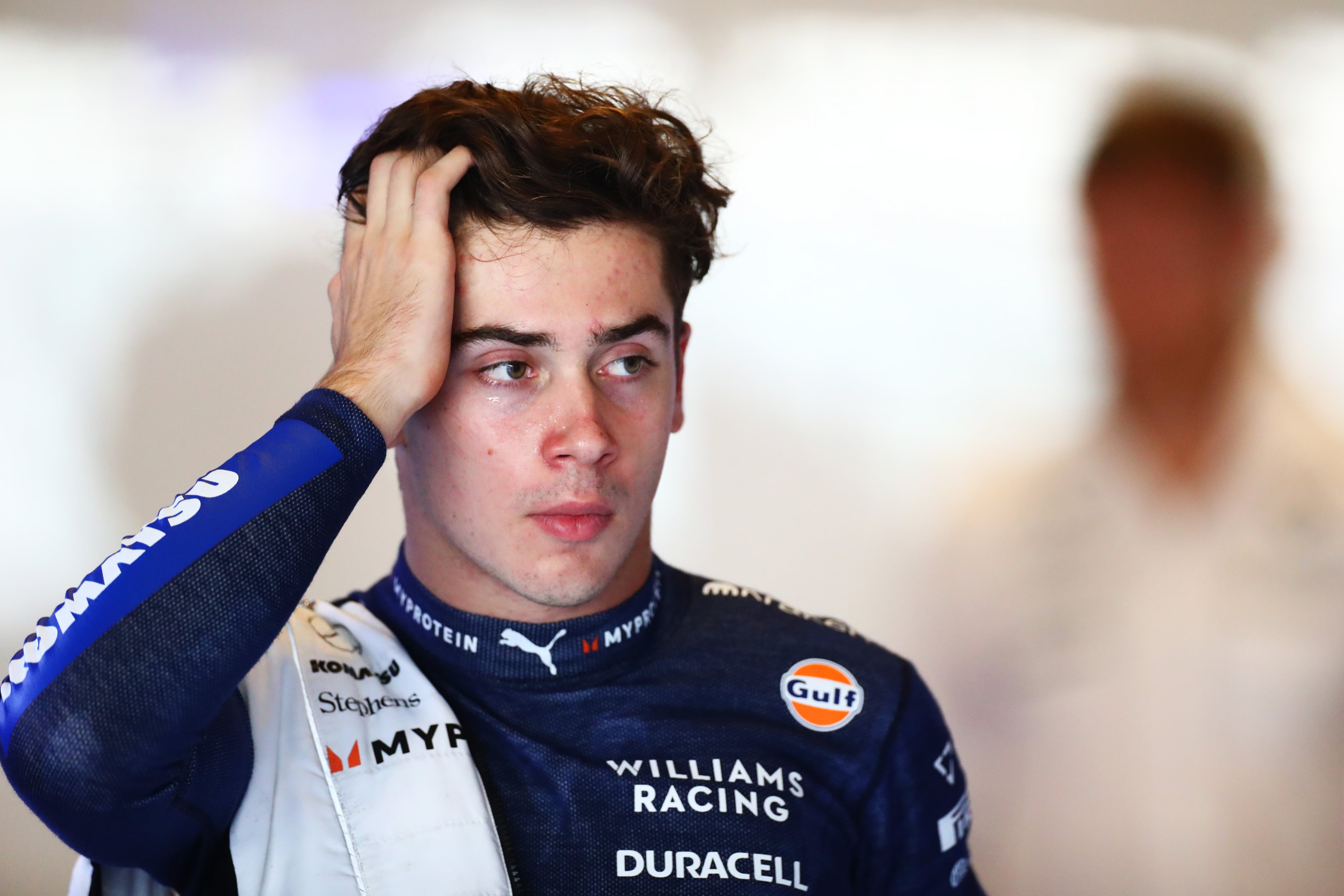 ABU DHABI, UNITED ARAB EMIRATES - DECEMBER 07: Franco Colapinto of Argentina and Williams looks on in the garage during final practice ahead of the F1 Grand Prix of Abu Dhabi at Yas Marina Circuit on December 07, 2024 in Abu Dhabi, United Arab Emirates. (Photo by Peter Fox - Formula 1/Formula 1 via Getty Images)
