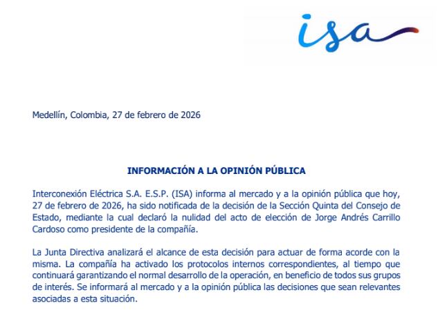 Pronunciamiento de ISA ante decisión del Consejo de Estado, de declarar la nulidad del nombramiento de Jorge Carrillo, como presidente de la empresa.