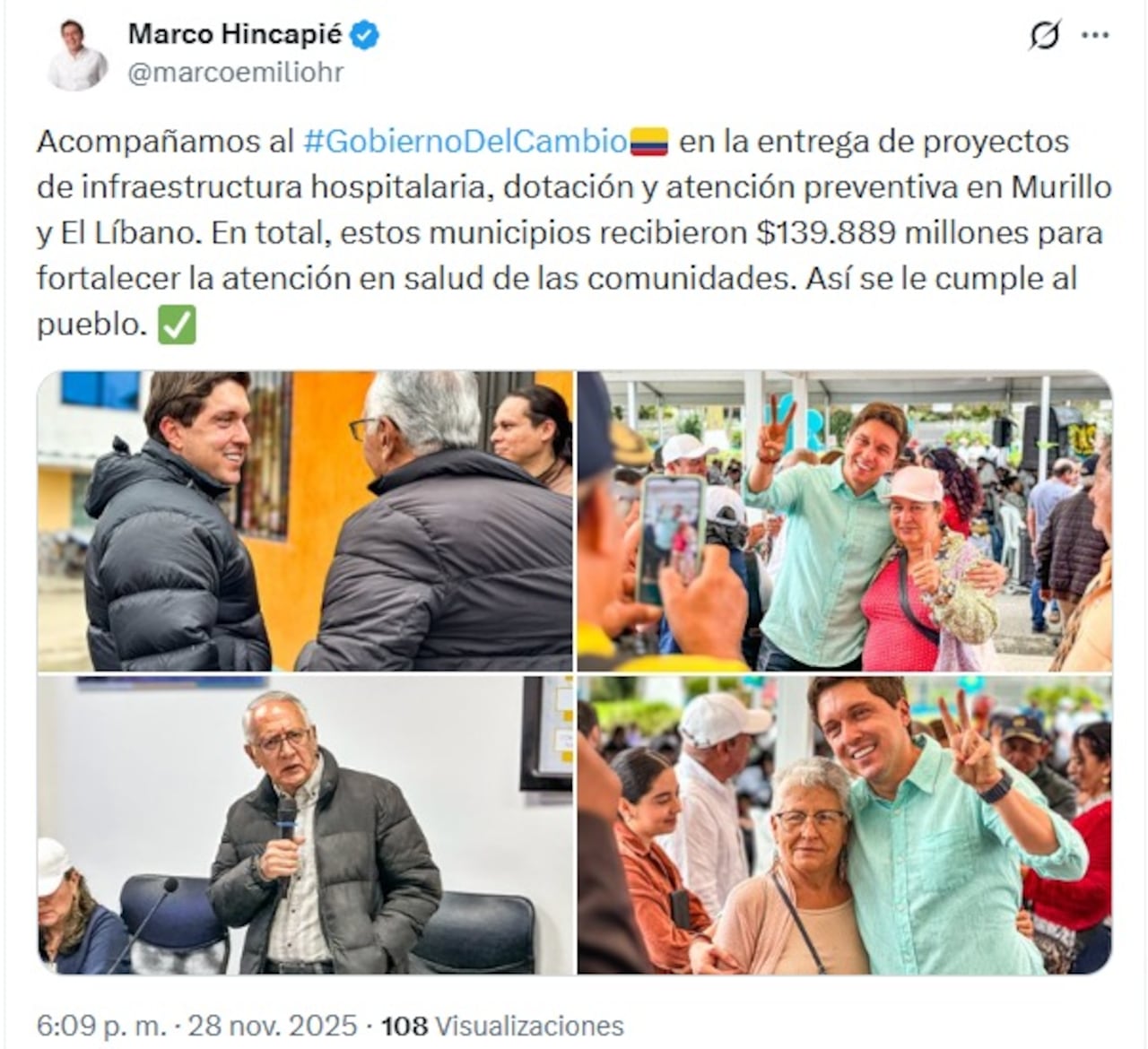 El candidato a la Cámara del Pacto Histórico, Marco Emilio Hincapié, ha participado en eventos del Gobierno.