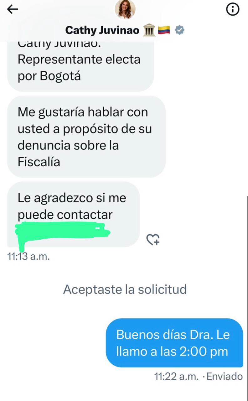 El mensaje que le envió por primera vez Catherine Juvinao a la fiscal Angélica Monsalve.