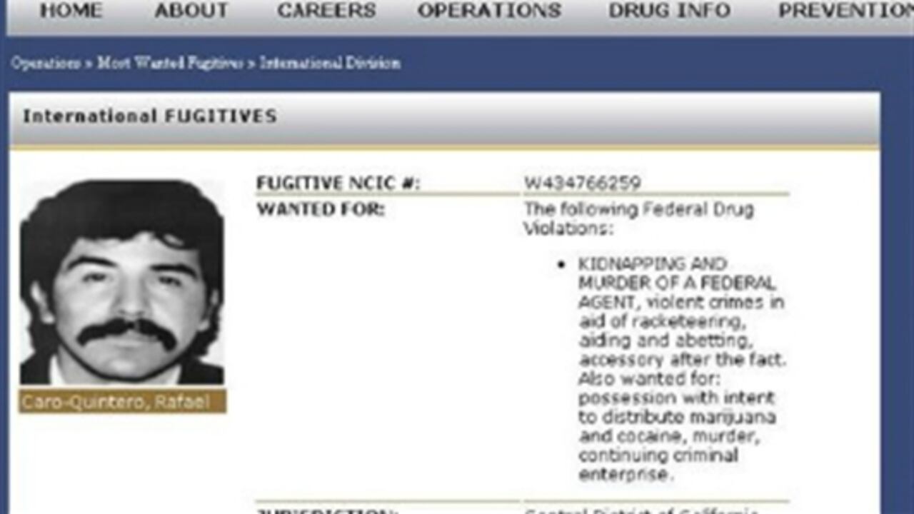 Imagen cedida por la Agencia Antidrogas Estadounidense (DEA, siglas en inglés) de una lista de fugitivos internacionales elaborada por este organismo de seguridad en la que aparece un retrato del narcotraficante mexicano Rafael Caro Quintero.