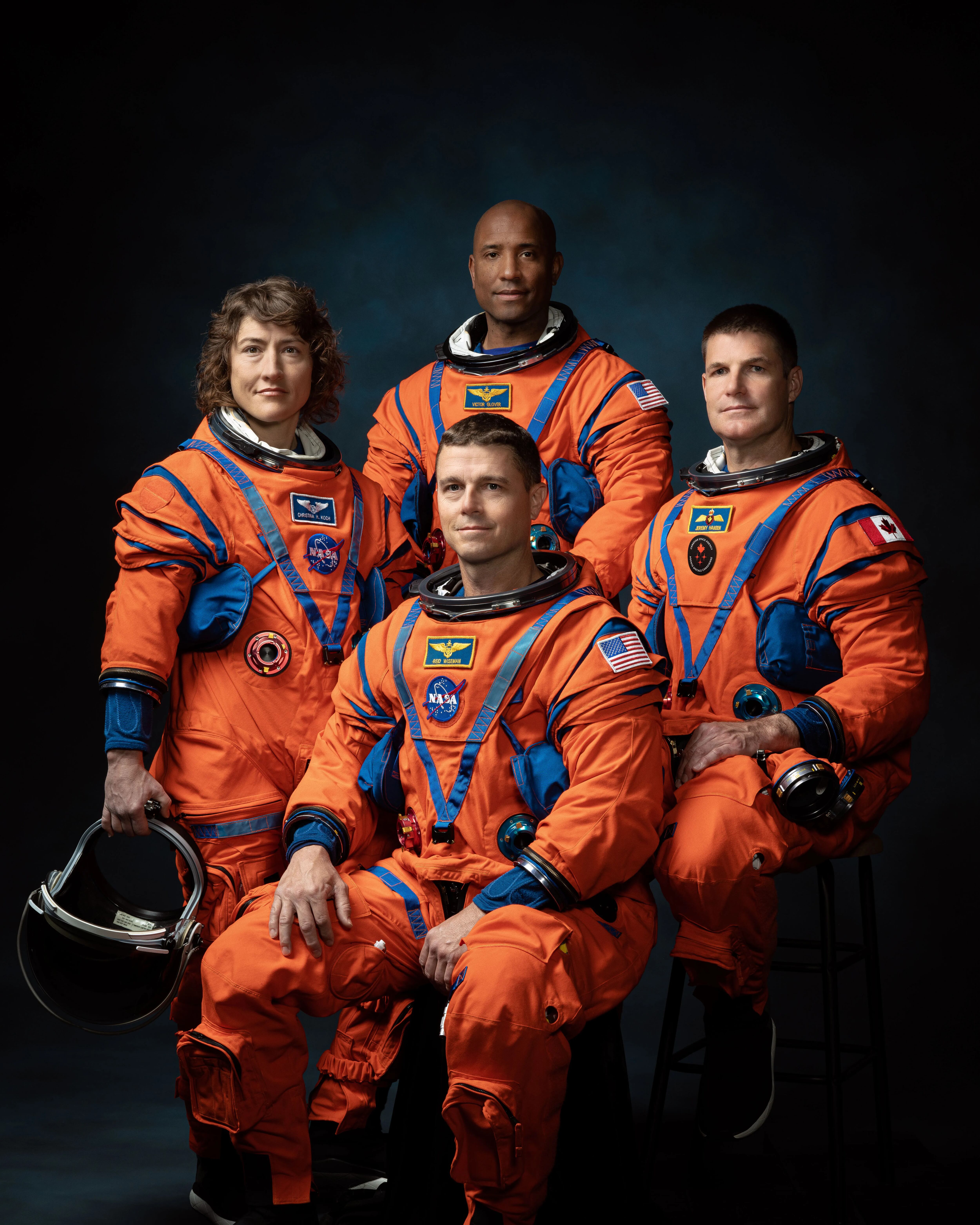 NASA astronauts (left to right) Christina Koch, Victor Glover, Reid Wiseman, Canadian Space Agency Astronaut Jeremy Hansen.