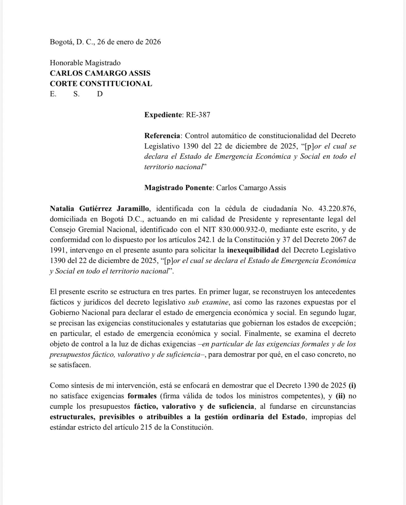 Consejo Gremial  radicó documento de 45 páginas pidiendo el hundimiento total del decreto de Emergencia Económica.