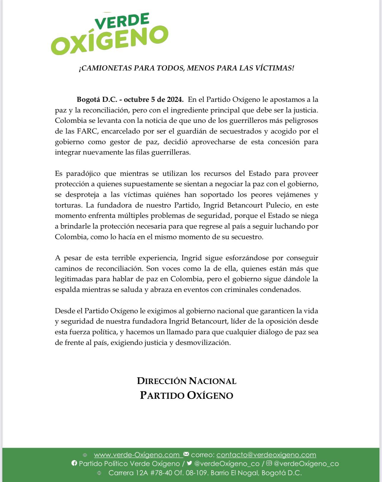 Comunicado Verde Oxígeno sobre seguridad de Ingrid Betancourt