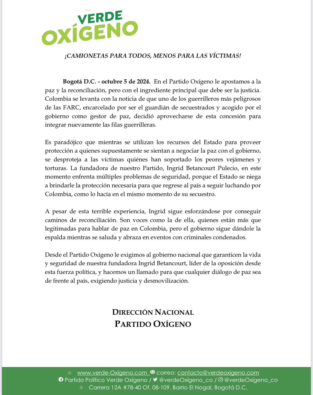 Comunicado Verde Oxígeno sobre seguridad de Ingrid Betancourt