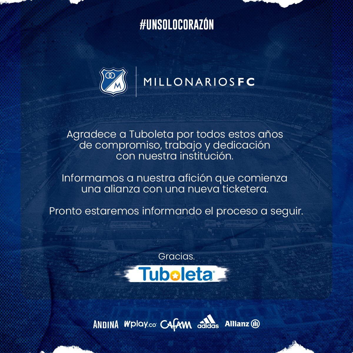 Comunicado Millonarios en el que anuncia la finalización de su vínculo con la empresa TuBoleta.