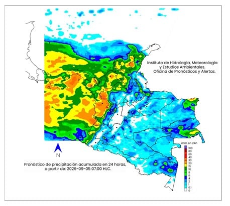 La escala de colores indica la cantidad de
Precipitación acumulada (en milímetros).