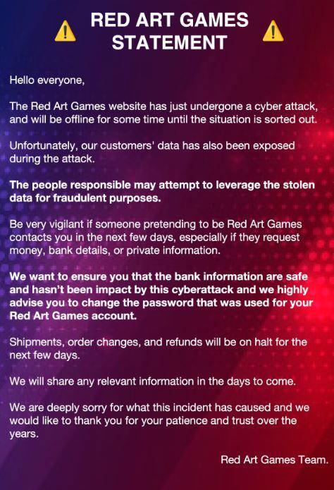 Red Art Games ha sufrido un significativo ciberataque.