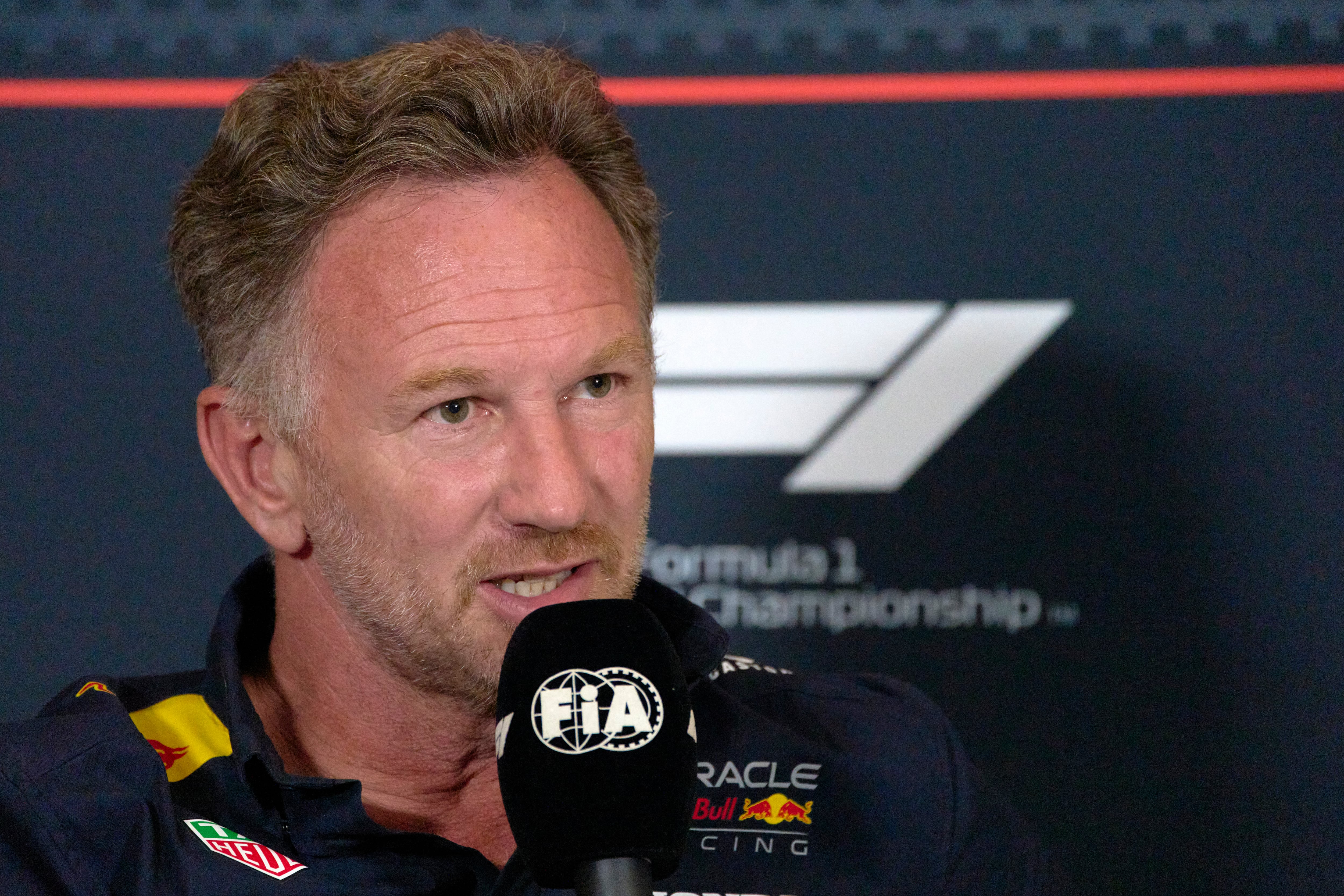 Red Bull team principal Christian Horner attends a news conference at the Silverstone racetrack, ahead of the British Formula One Grand Prix, in Silverstone, England, Friday, July 4, 2025. (AP Photo/Darko Bandic)