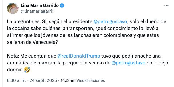 El mensaje en X de Lina María Garrido.