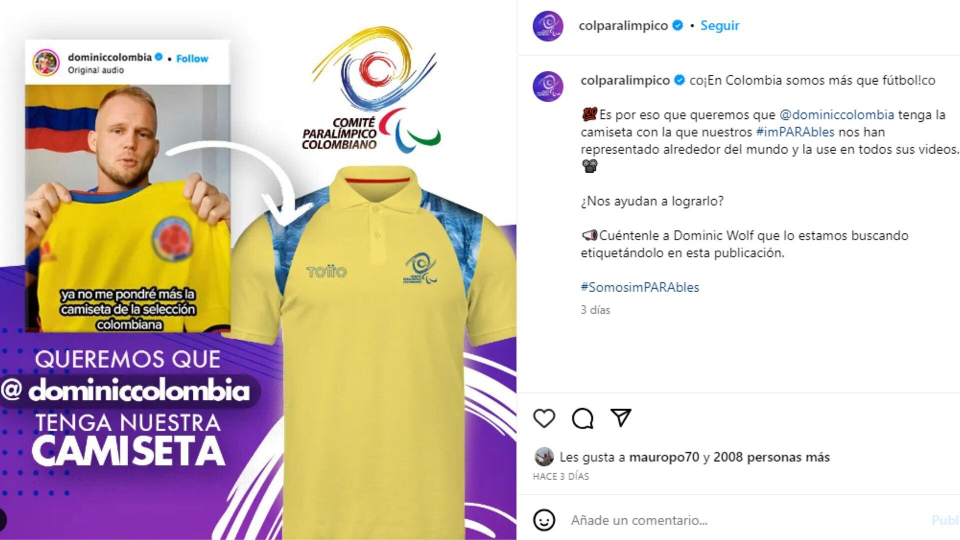 Invitación del Cómite Paralímpico Colombiano para que Dominic use su indumentaria oficial.