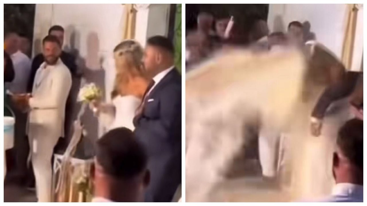 En un video quedó registrado el momento en que la feliz pareja sale de la iglesia tras haber contraído matrimonio, pero de repente es recibida con una ola conformada por kilos de arroz como si se tratara de un sunami del cereal.