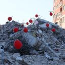 HATAY, TURKIYE - FEBRUARY 18: Red and pink balloons are seen attached to the rubble of the collapsed building after 7.7 and 7.6 magnitude earthquakes hit Kahramanmaras, Turkiye on February 18, 2023. On Feb. 06, a strong 7.7 earthquake, centered in the Pazarcik district, jolted Kahramanmaras and strongly shook several provinces, including Gaziantep, Sanliurfa, Diyarbakir, Adana, Adiyaman, Malatya, Osmaniye, Hatay, Kilis, and Elazig. Later, at 1.24 p.m. (1024GMT), a 7.6 magnitude quake centered in Kahramanmaras' Elbistan district struck the region. (Photo by Erhan Sevenler/Anadolu Agency via Getty Images)