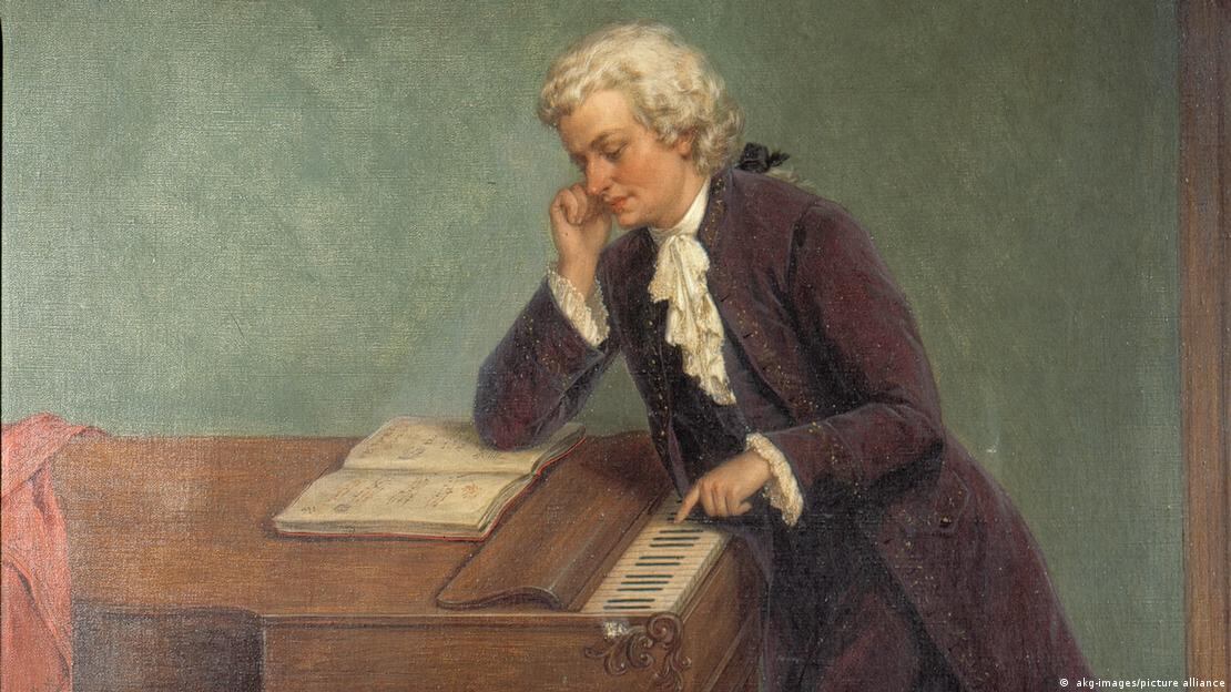 Mozart componiendo, dibujado en 1880, según los ideales del siglo XIX, por J. Bueche.