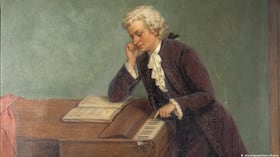 Mozart componiendo, dibujado en 1880, según los ideales del siglo XIX, por J. Bueche.