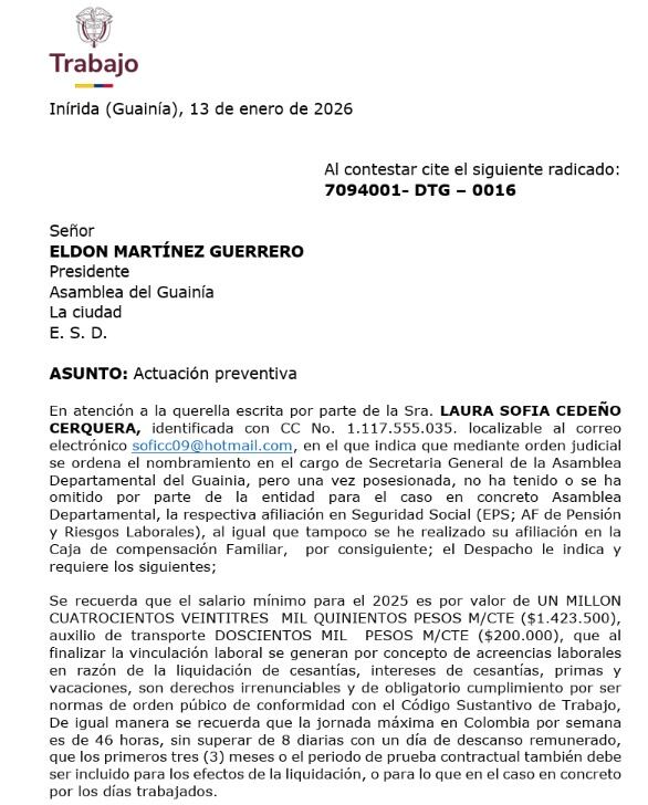 El Ministerio del Trabajo también fue notificado de las presuntas irregularidades contra la secretaria de la Asamblea, Sofía Cedeño