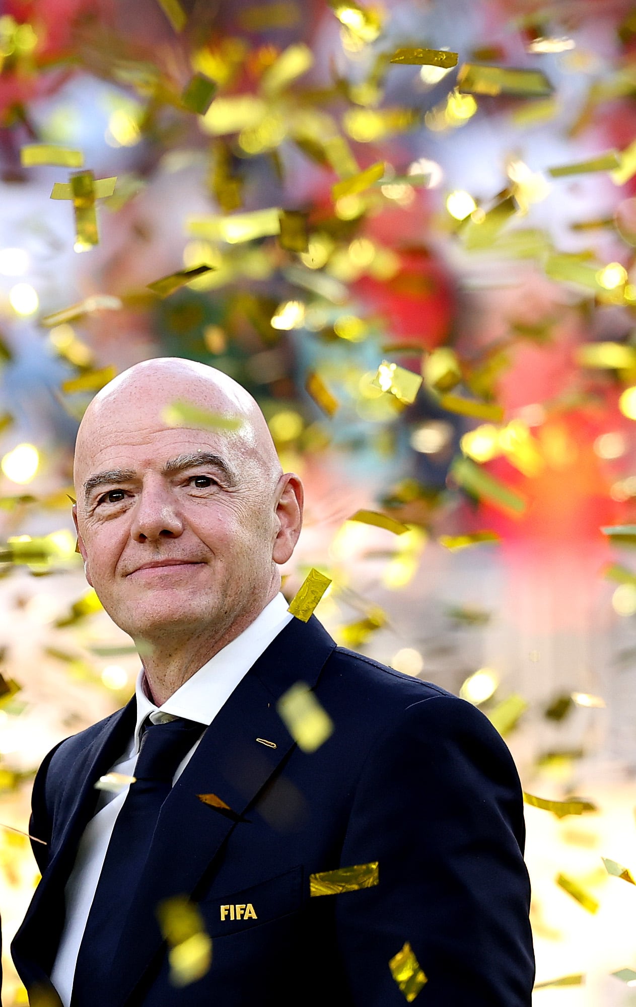 EAST RUTHERFORD, NEW JERSEY - JULY 19: FIFA President Gianni Infantino looks on after presenting the FIFA World Cup Winner's Trophy to Spain during the FIFA World Cup 2026 Final match between Spain and Argentina at New York New Jersey Stadium on July 19, 2026 in East Rutherford, New Jersey. (Photo by Carl Recine/Getty Images)