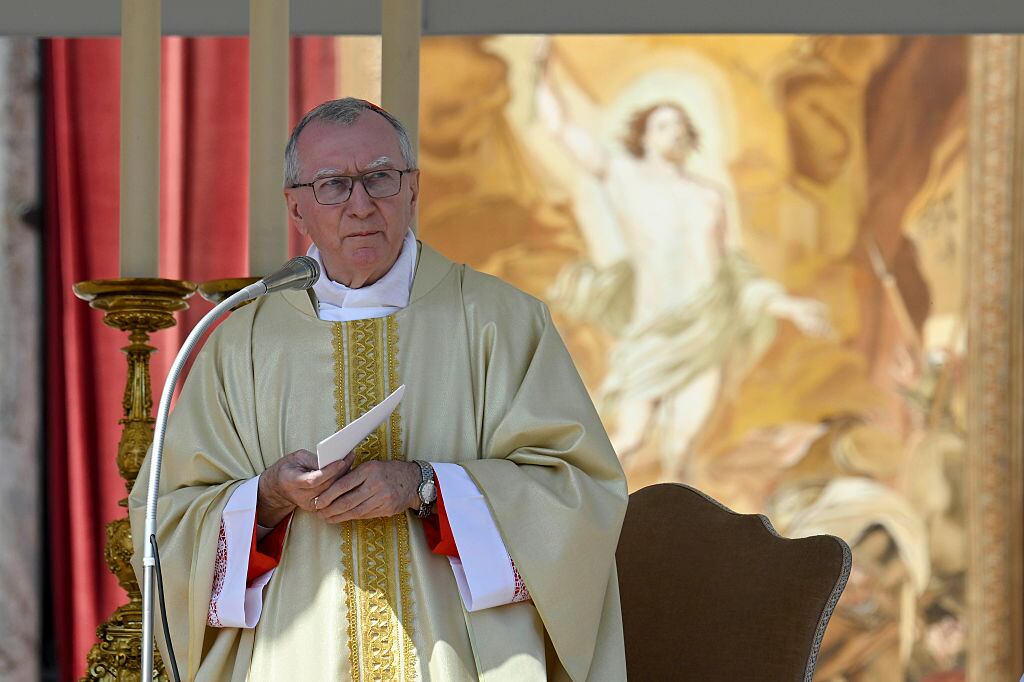 VATICAN CITY, VATICAN - APRIL 27: (EDITOR NOTE: STRICTLY EDITORIAL USE ONLY - NO MERCHANDISING). Cardinal Pietro Parolin celebrates Mass on Divine Mercy Sunday in suffrage for Pope Francis at St. Peter's Square on April 27, 2025 in Vatican City, Vatican. Funeral rites for the late Pope Francis are held for nine days after his burial as he is mourned and celebrated by the faithful. During this time, the Vatican prepares for the process to elect a new Pope, known as the Conclave, which must begin within 15 to 20 days of the Pope's death. (Photo by Simone Risoluti/Vatican Media via Vatican Pool/Getty Images)