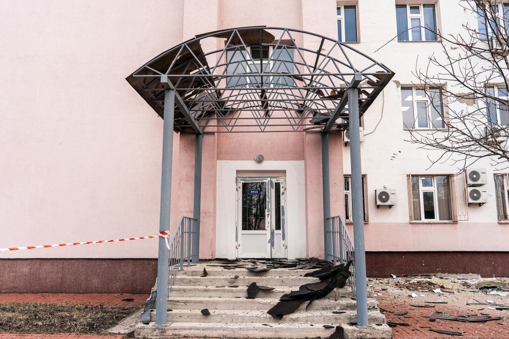 SUMY, UKRAINE - MARCH 19: The canopy at the hospital entrance remains destroyed after a Russian drone attack on March 19, 2025 in Sumy, Ukraine. A Russian UAV crashed onto the roof of the regional clinical hospital, damaging the building and nearby parked cars. No one was injured. (Photo by Yehor Kryvoruchko/Kordon.Media/Global Images Ukraine via Getty Images)