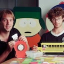 LOS ANGELES, CALIFORNIA - AUGUST 19: South Park creators Matt Stone (Left) and Trey Parker, at their studio office, August 19, 1997 in Los Angeles, California. (Photo by Getty Images/Bob Riha, Jr.)