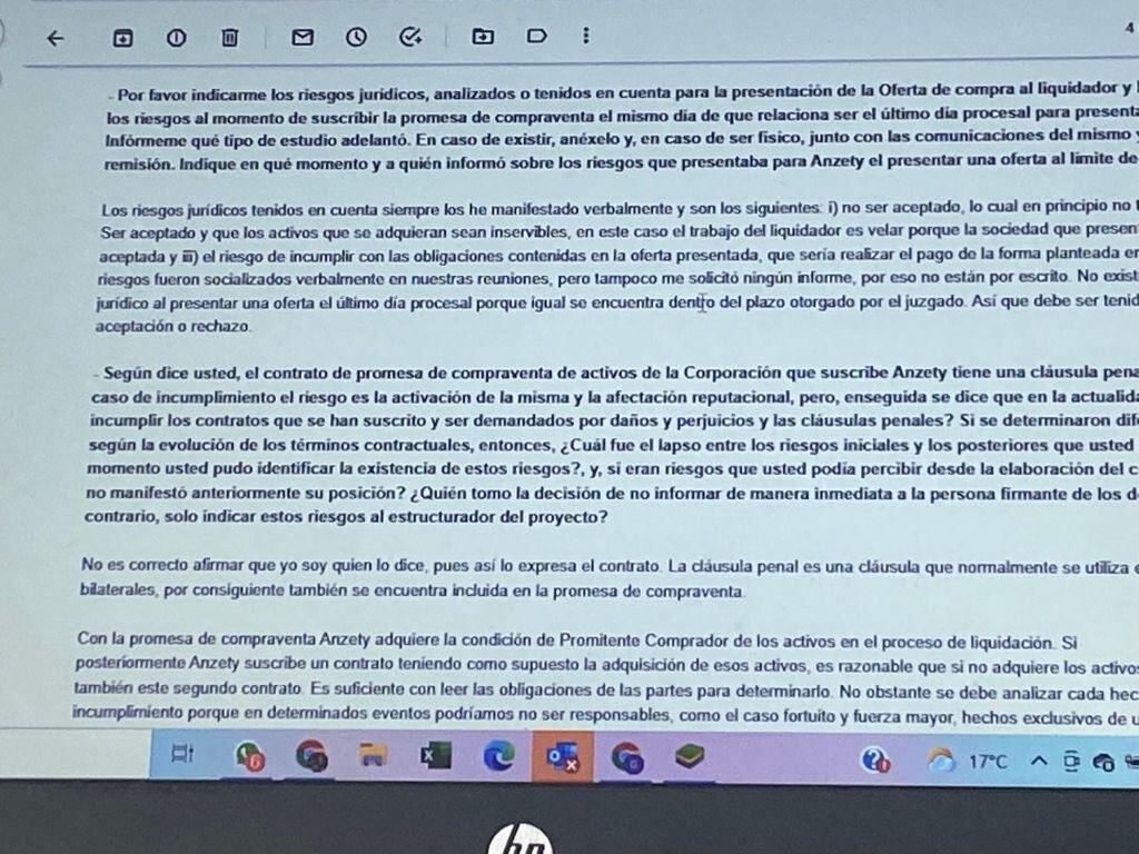 Correo con el que se Lyda Fernanda Coronado, representante legal de Anzaty, advierte los riesgos y la falta de dinero para hacer el negocio.