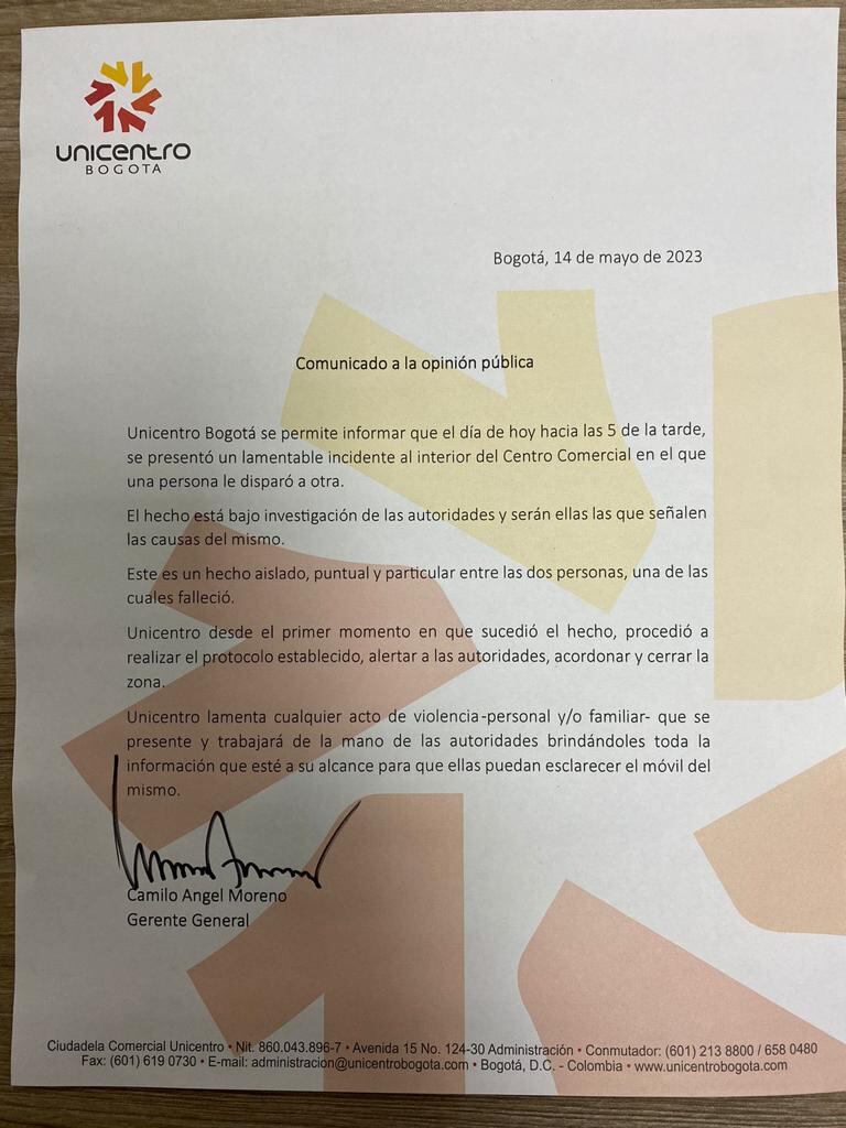 Comunicado oficial de centro comercial Unicentro sobre la balacera y el feminicidio