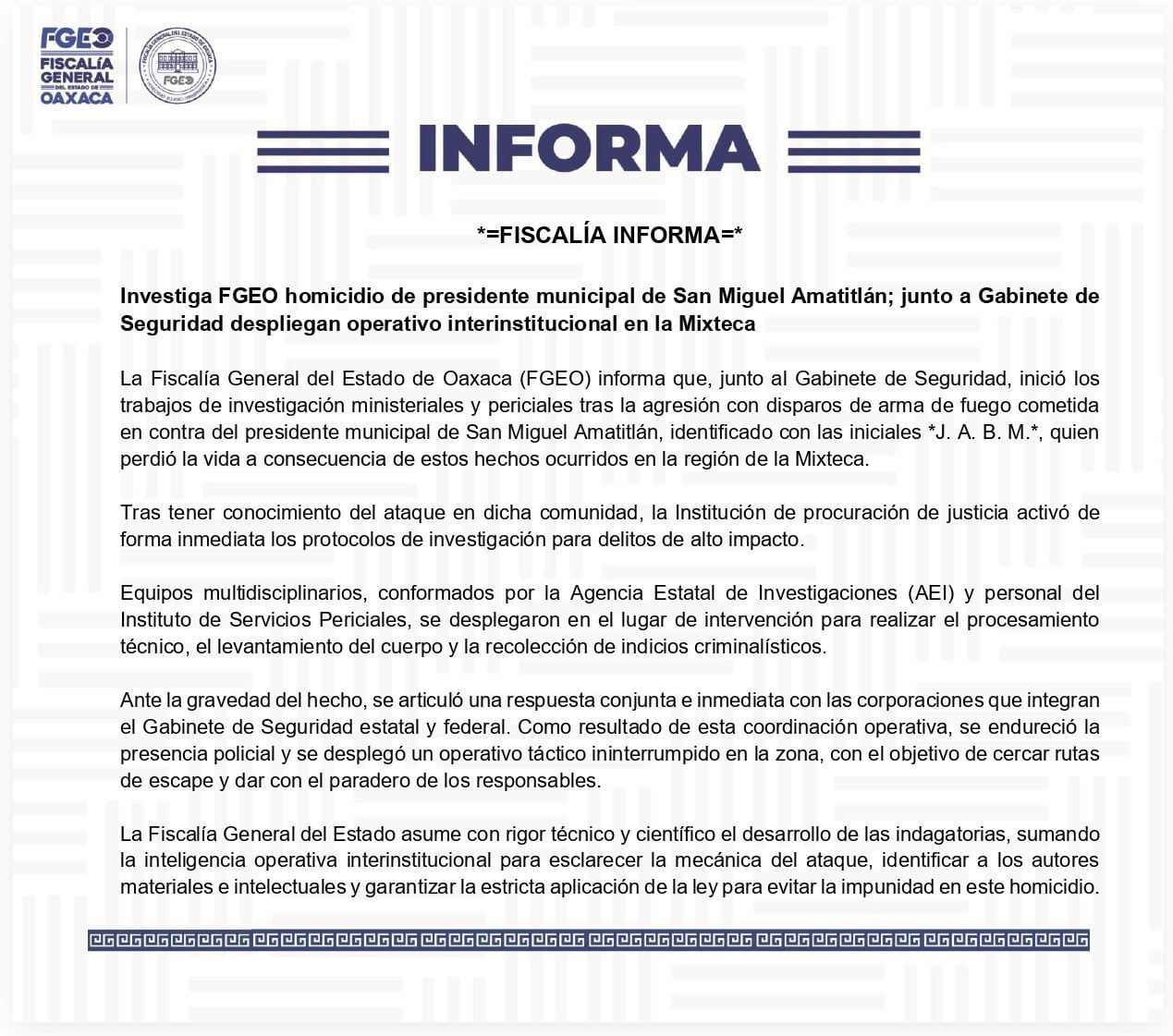 Anuncio realizado por la Fiscalía General tras la muerte del burgomaestre