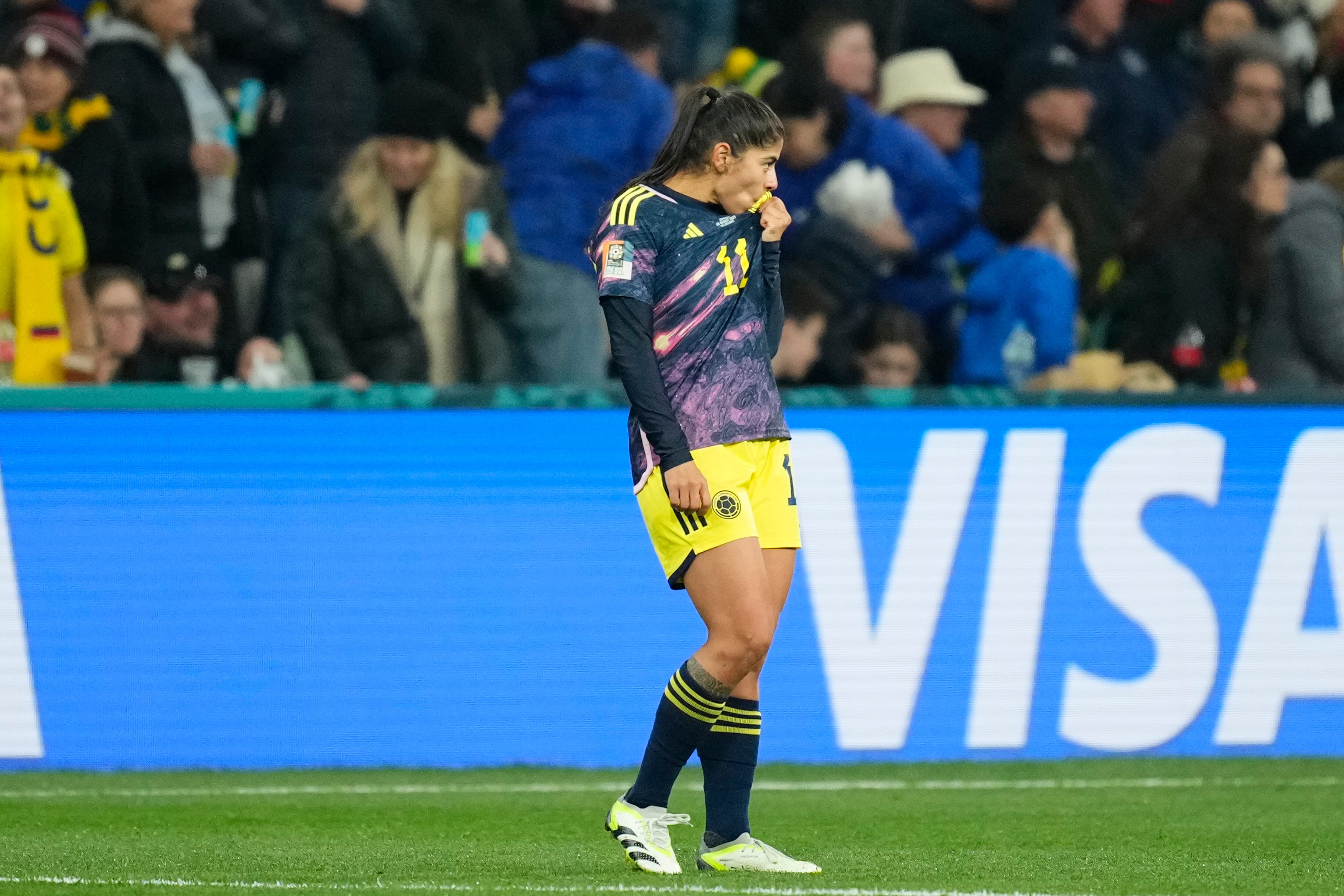 Maria Catalina Usme Pineda of Colombia and America de Cali celebrates after scoring her sides first goal during the FIFA Women's World Cup Australia &amp; New Zealand 2023 Round of 16 match between Colombia and Jamaica at Melbourne Rectangular Stadium on August 8, 2023 in Melbourne, Australia. (Photo by Jose Breton/Pics Action/NurPhoto via Getty Images)