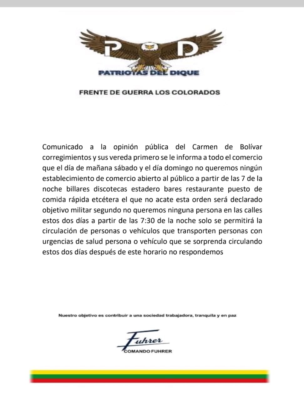 Grupos armados impusieron toque de queda en Bolívar.