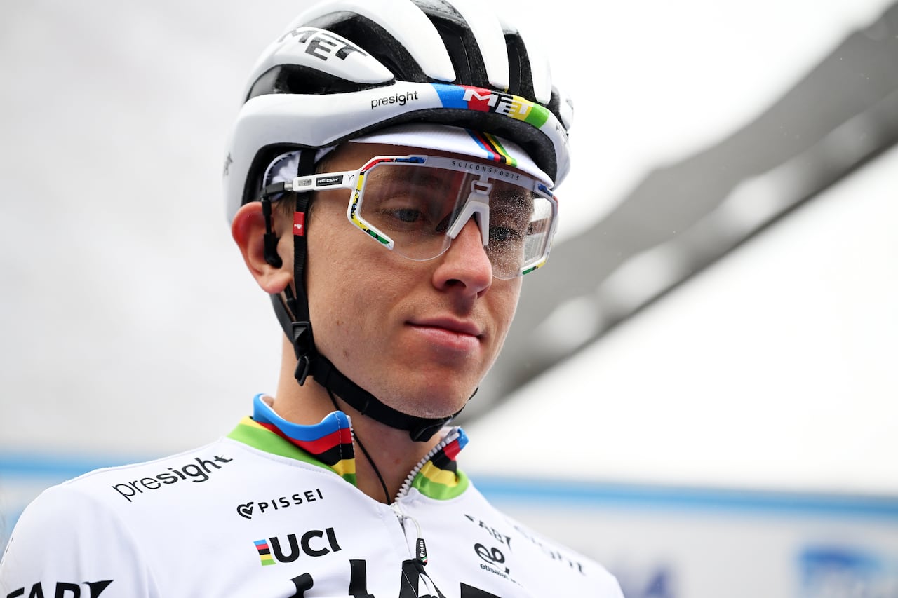 VIGNOLA, ITALY - OCTOBER 05: Tadej Pogacar of Slovenia and Team UAE Team Emirates with World Champion Jersey prior to the 107th Giro dell'Emilia 2024 a 215.3km one day race from Vignola to Bologna - San Luca 267m on October 05, 2024 in Vignola, Italy. (Photo by Dario Belingheri/Getty Images)