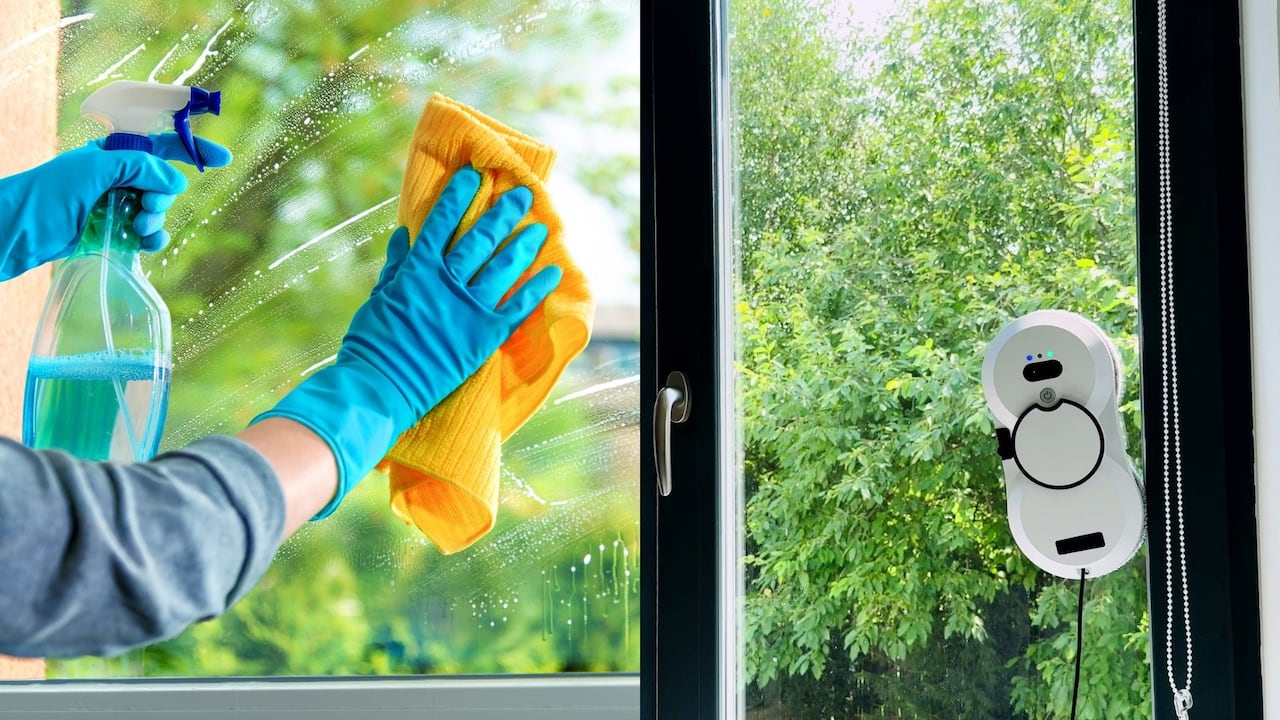 Mujer limpiando las ventanas.